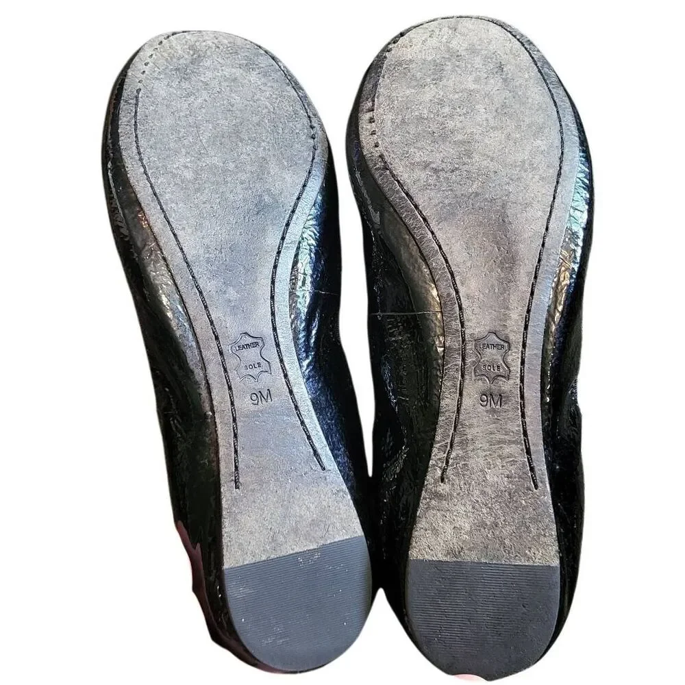 Tory Burch Flats Women's 9 Black Caroline Patent Leather Slip On Logo Designer